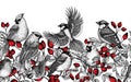 Seamless horizontal pattern of birds on a rosehip bush